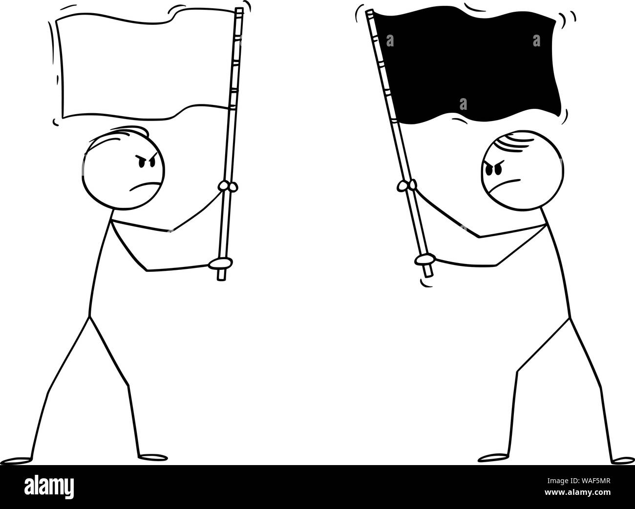 Vektor cartoon Strichmännchen Zeichnung konzeptuelle Abbildung von zwei böse Männer, Politiker oder Unternehmer halten verschiedene Flaggen. Konzept des Wettbewerbs und Feindseligkeit. Stock Vektor