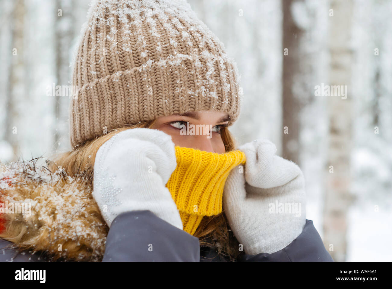 Mädchen deckt ihr Gesicht mit einem Stehkragen Pullover in eisigen Wetter Stockfoto