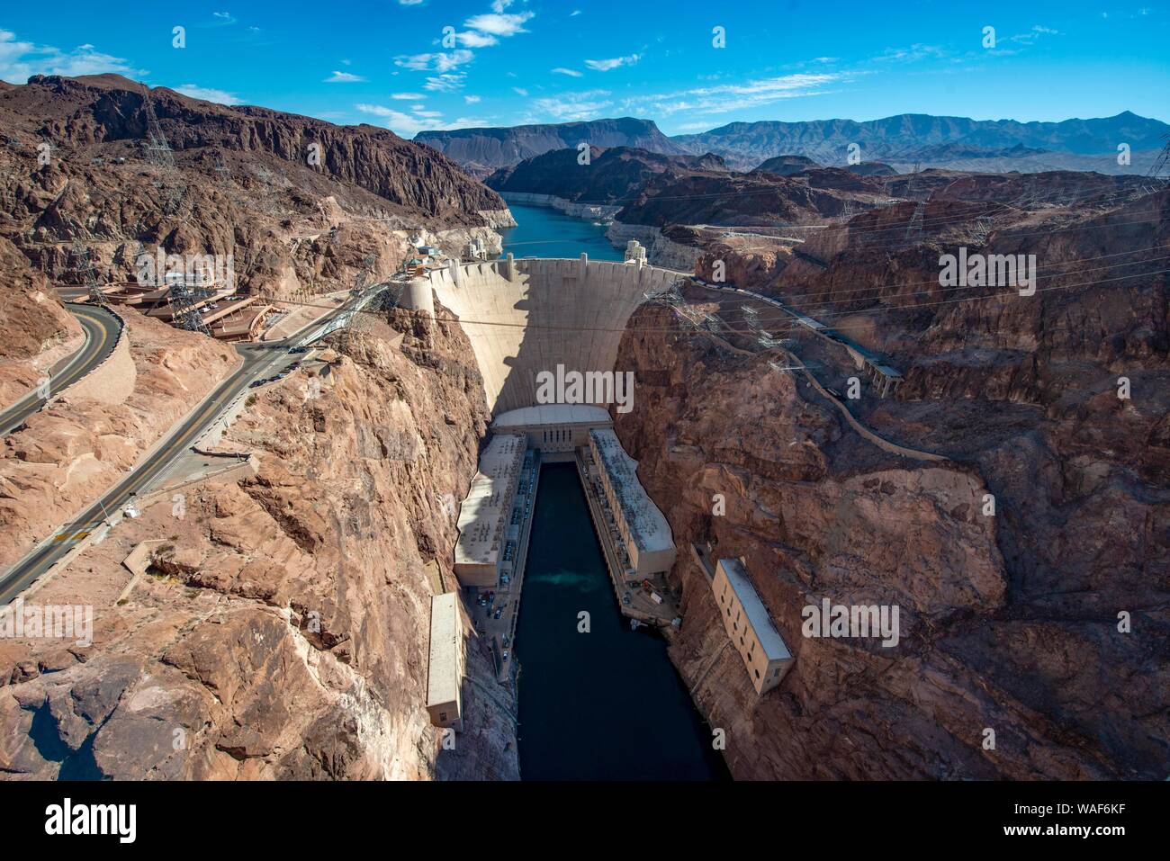 Blick vom Hoover Dam Bypass Brücke zum Damm der Hoover Dam, Hoover-Dam, Colorado River, Lake Mead, Arizona, Nevada, USA Stockfoto