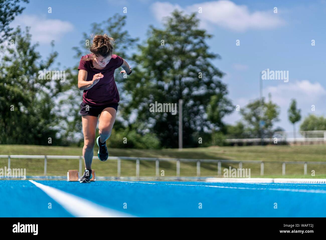 Athletik, Frau sprinten, Start von Start Block, Deutschland Stockfoto