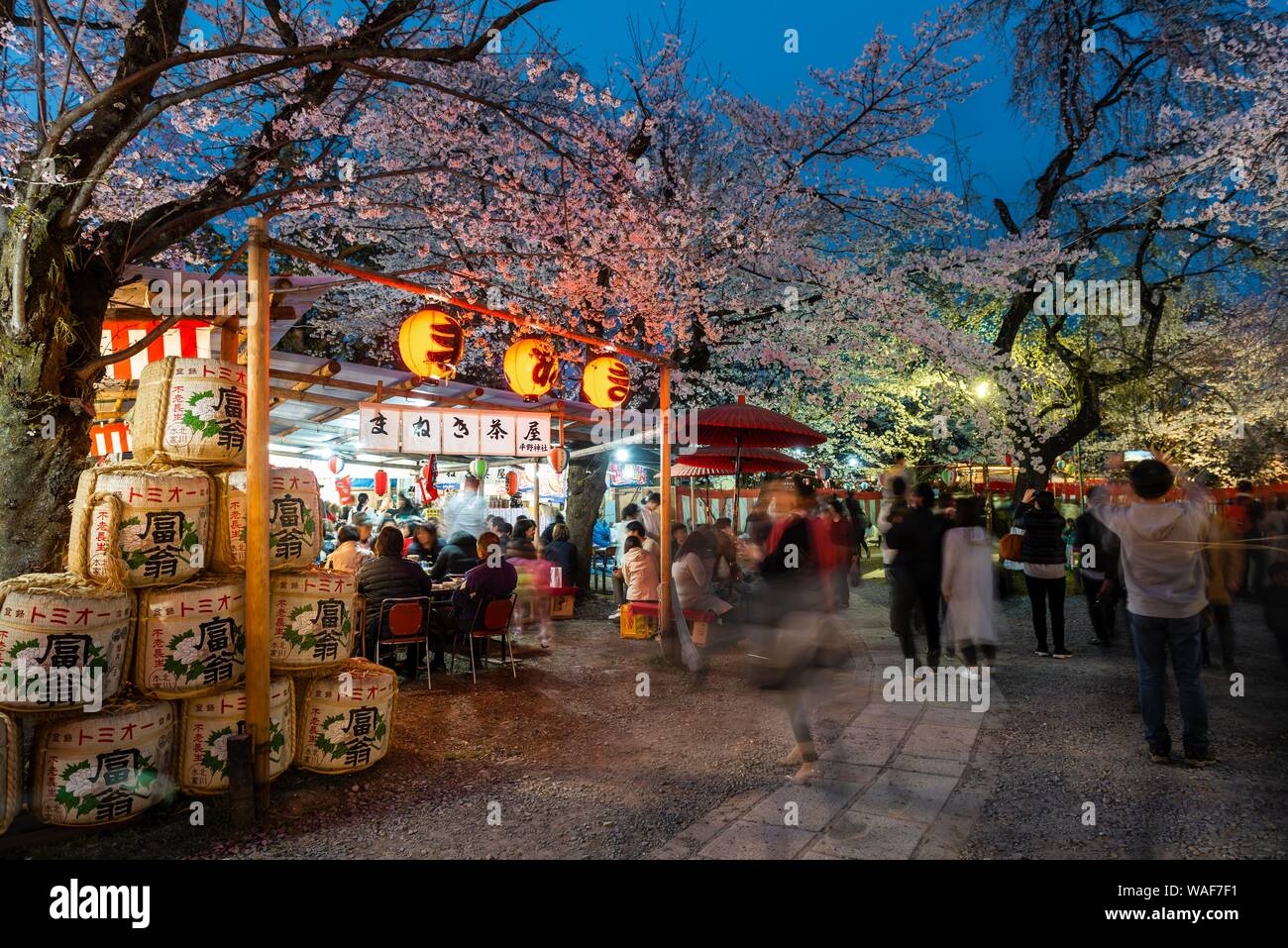 Imbissstände im Cherry Blossom Festival, Hanami, Abendstimmung, Hirano shrine, Kyoto, Japan Stockfoto