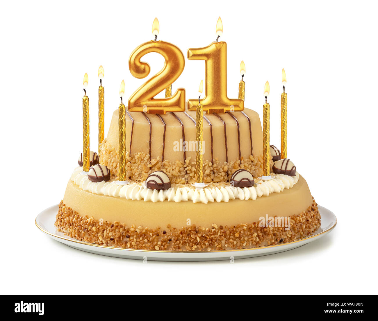 Festliche Kuchen mit goldenen Kerzen - Nummer 21 Stockfoto