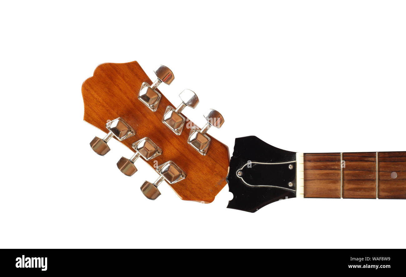 Gitarre Reparatur und Service - gebrochene Headstock Akustikgitarre isoliert weißer Hintergrund Stockfoto