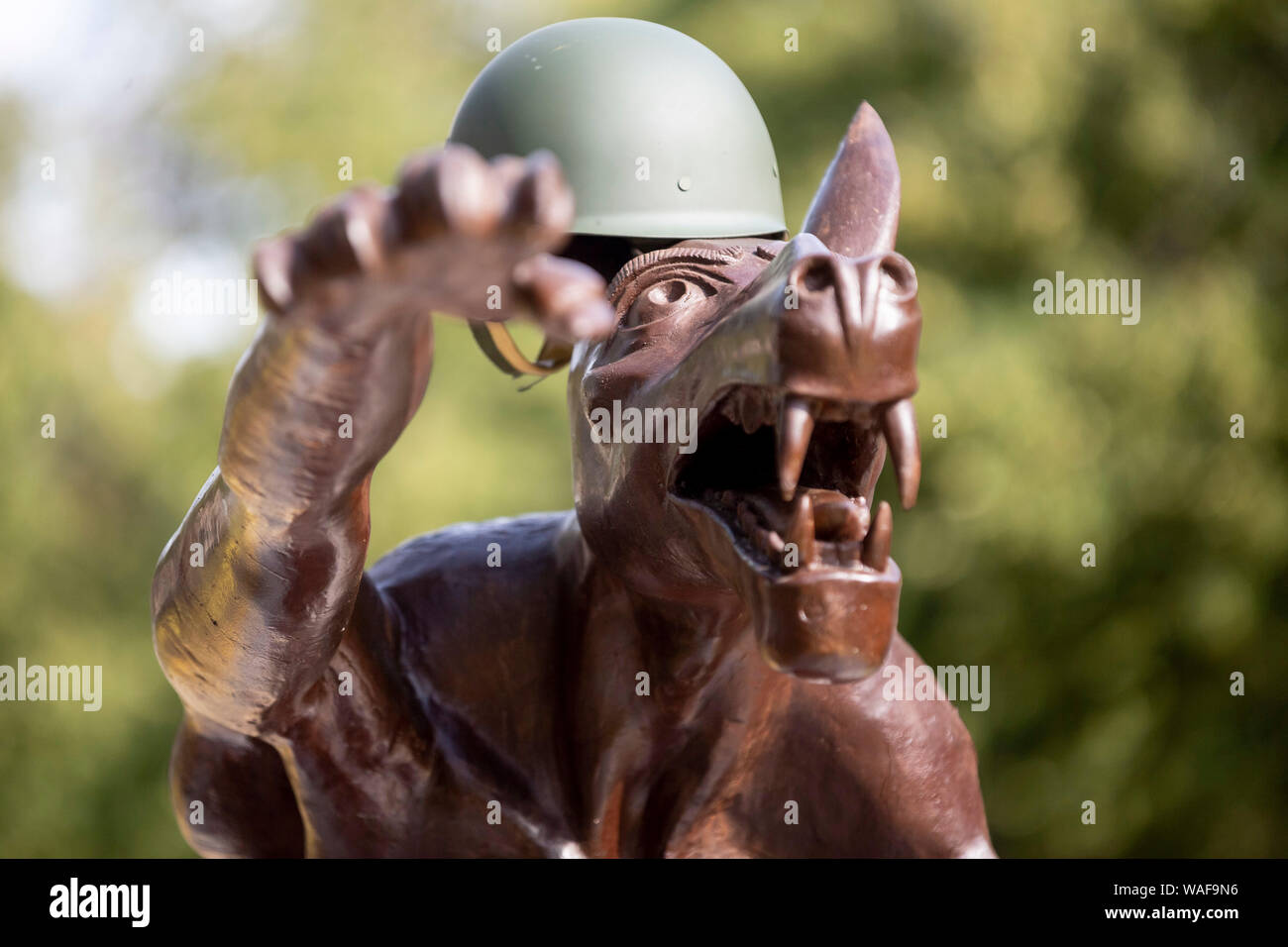 Potsdam, Deutschland. 20 Aug, 2019. Ein wolf Skulptur mit Hitlers Begrüßung mit Helm eines Soldaten von dem Bildhauer Rainer Opolka auf einem Anhänger vor dem Sitz der AfD Brandenburger Landesverband steht. Der Kunststoff hatte Opolka, dem nationalen Amt angetrieben. Opolka und Publizistin Lea Rosh vorgestellt Spruchbänder mit Parolen wie "AfD - keine Alternative für Brandenburg" und "Rassisten nicht im Landtag' angehören. Die Aktion endete nach zwei Stunden. Credit: Christoph Soeder/dpa/Alamy leben Nachrichten Stockfoto