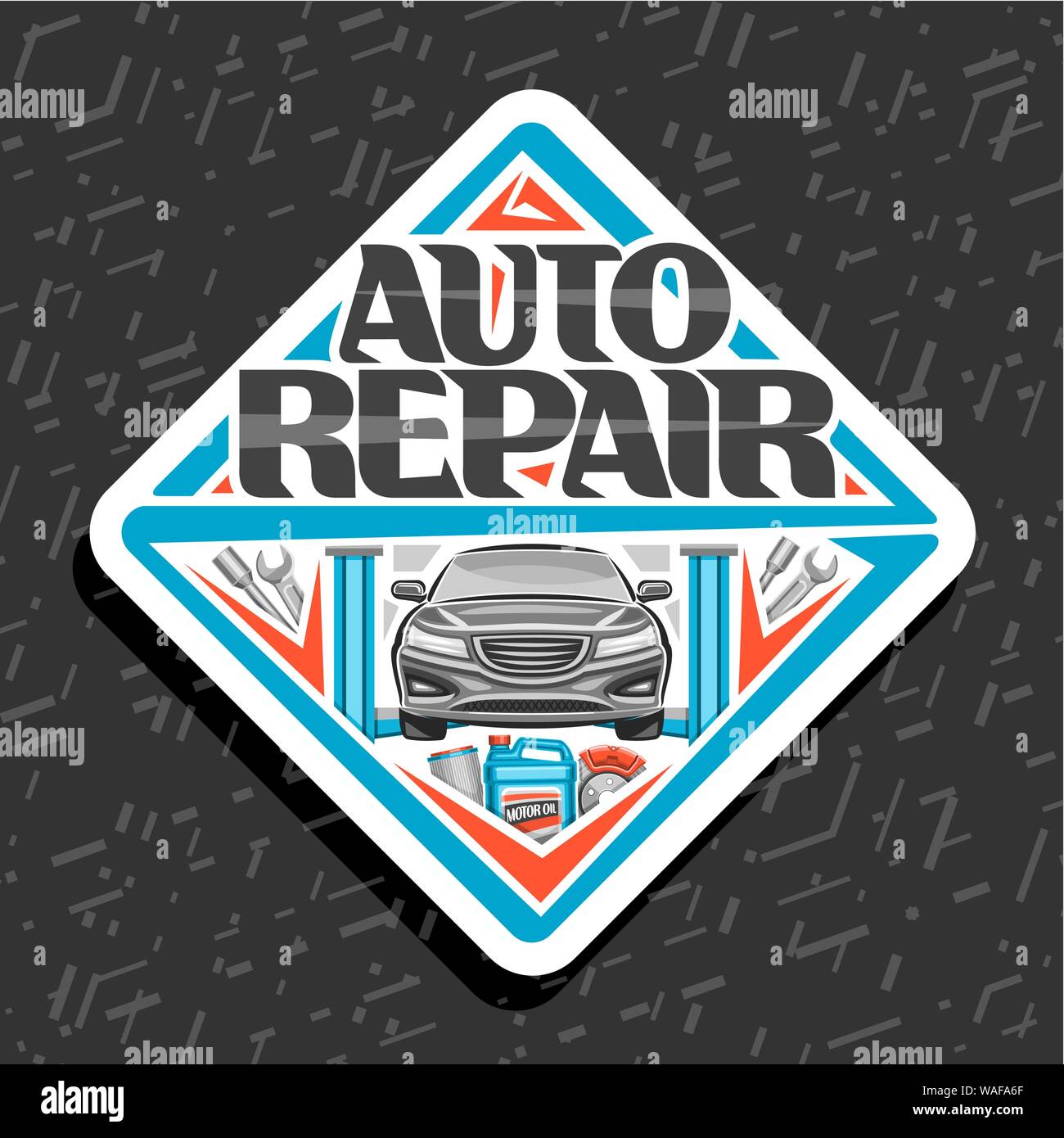 Vektor logo für Auto Reparatur, weiß dekorative Schild mit Fahrzeug auf blauen Aufzug für diagnostische, original Schriftzug für Wörter Auto Reparatur, Straße Stock Vektor