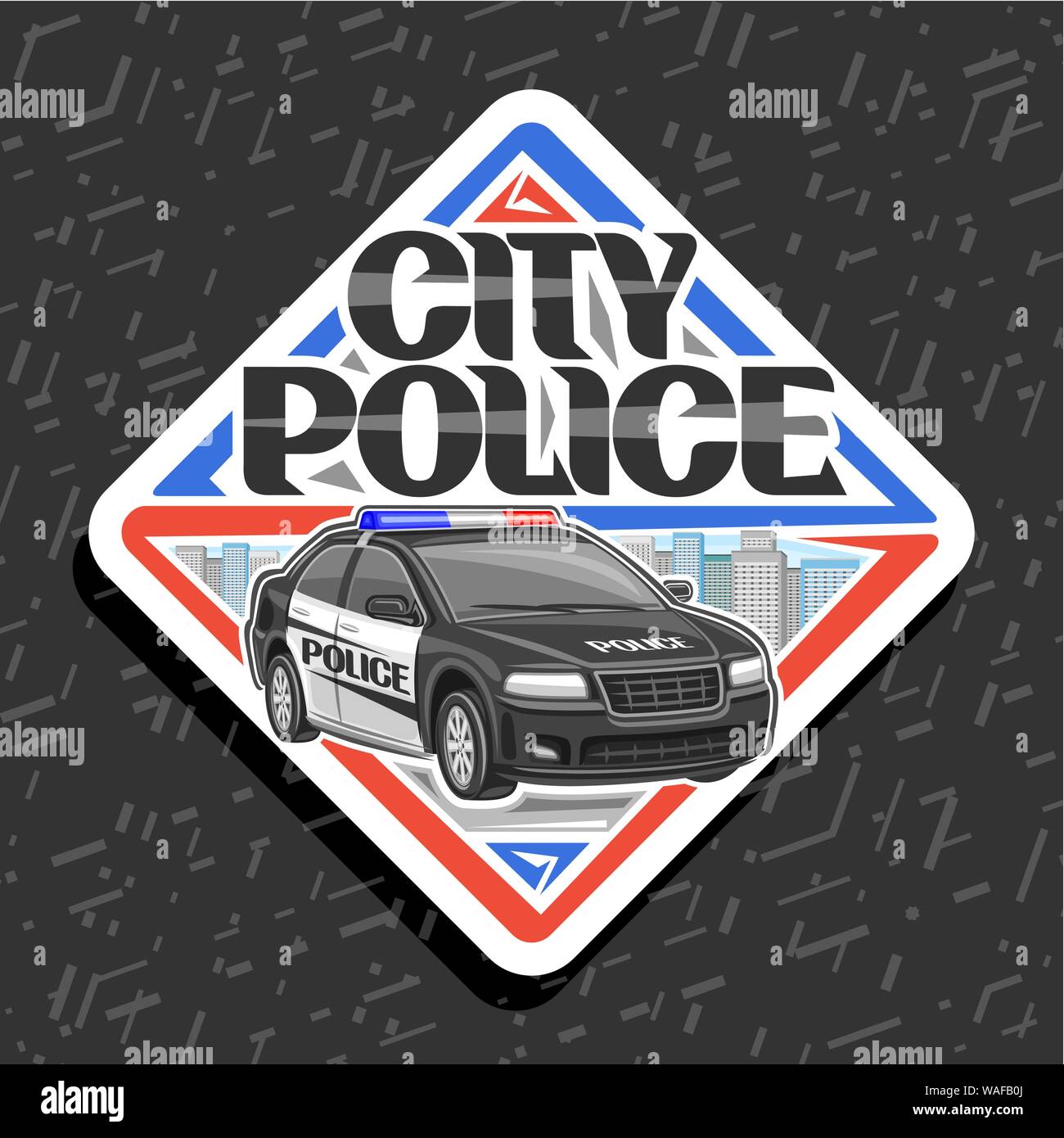 Vektor Logo für die Stadtpolizei, weiß dekorative Label mit der Abbildung des modernen Limousine der städtischen Abteilung Straßenbau, original Typografie für Worte Stadt Stock Vektor