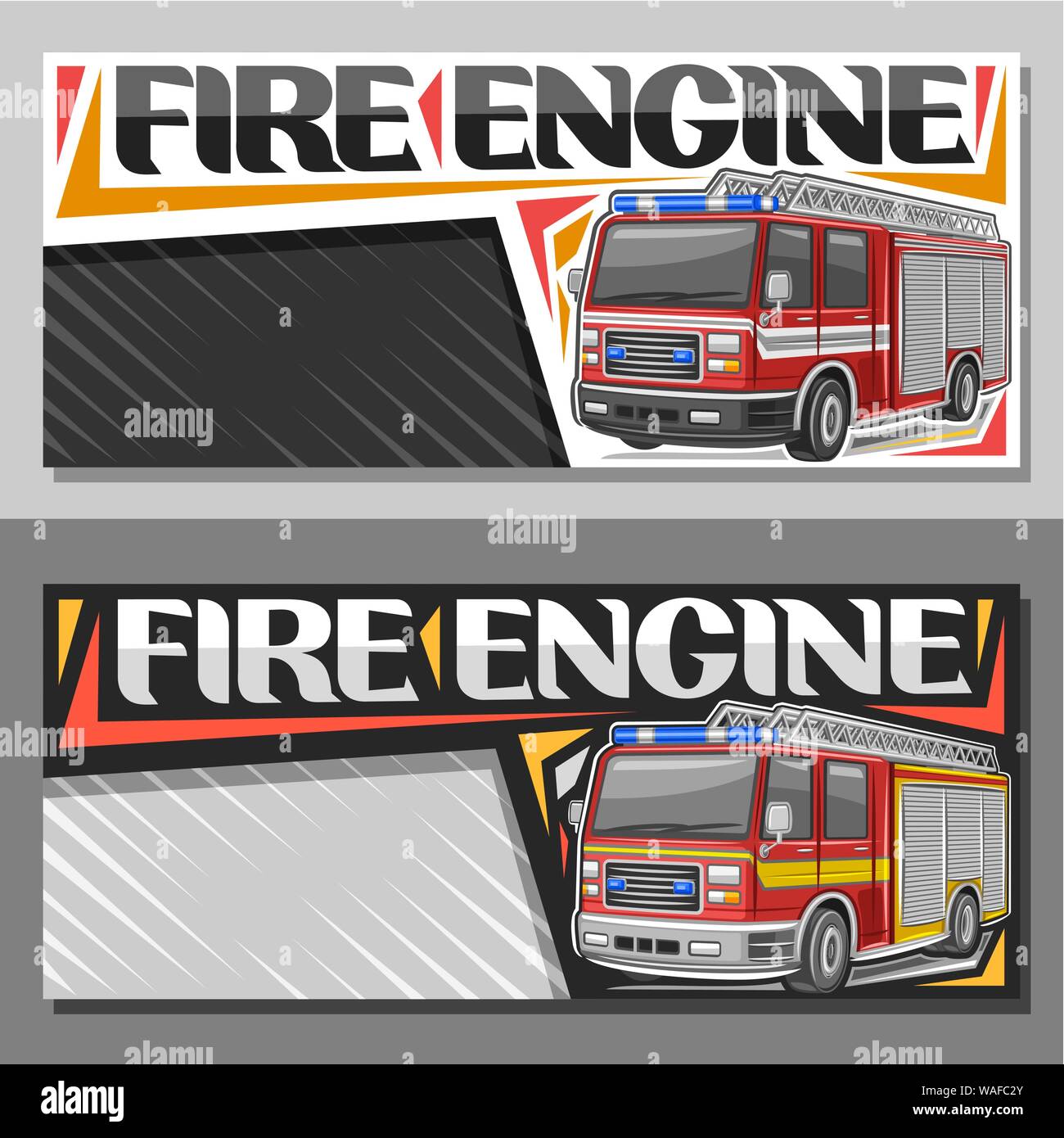 Vektor Banner für Löschfahrzeug mit Kopie Raum, Flugblätter mit roten Moderne firetrucks mit weißen und gelben Streifen und blauer Alarm leuchtet, original Lette Stock Vektor