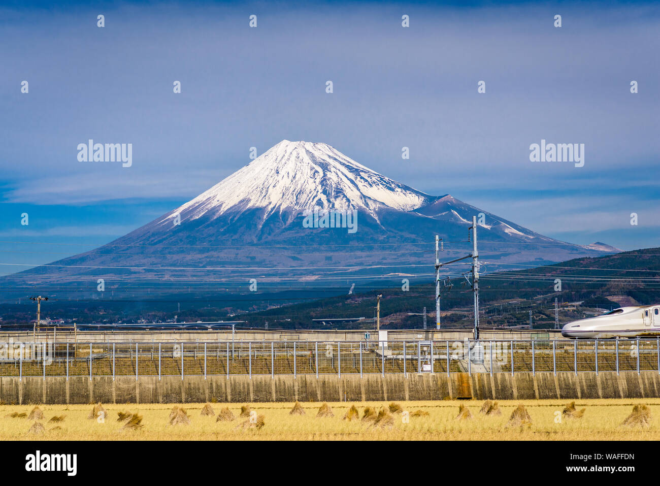 Mt. Fuji in Japan mit Ackerland und "Passing Train". Stockfoto