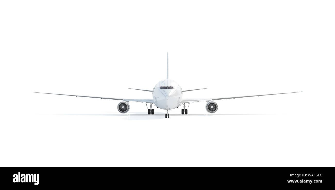 Leere weiße Flugzeug mockup stand, Frontansicht isoliert, 3D-Rendering. Klare Nase Cockpit im Airliner mokcup Vorlage. Leere Luft aerobus Modell mit cre Stockfoto