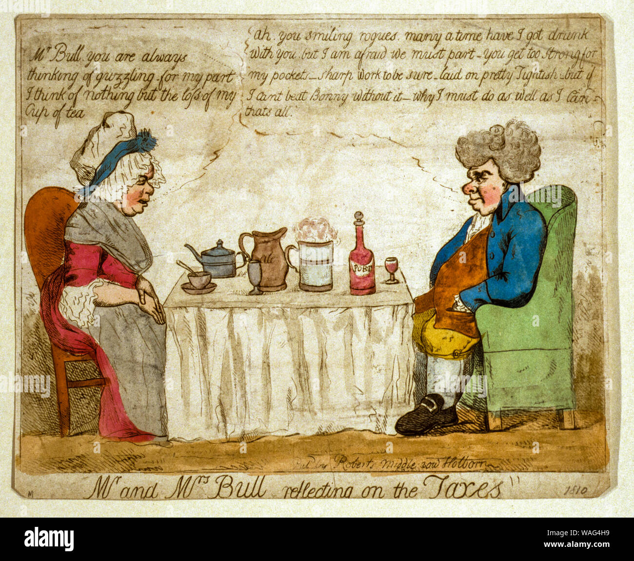 Herr und Frau John Bull mit Bezug auf die Steuern, Briten, 19. Jahrhundert, Politische Karikatur, 1810-1820 Stockfoto