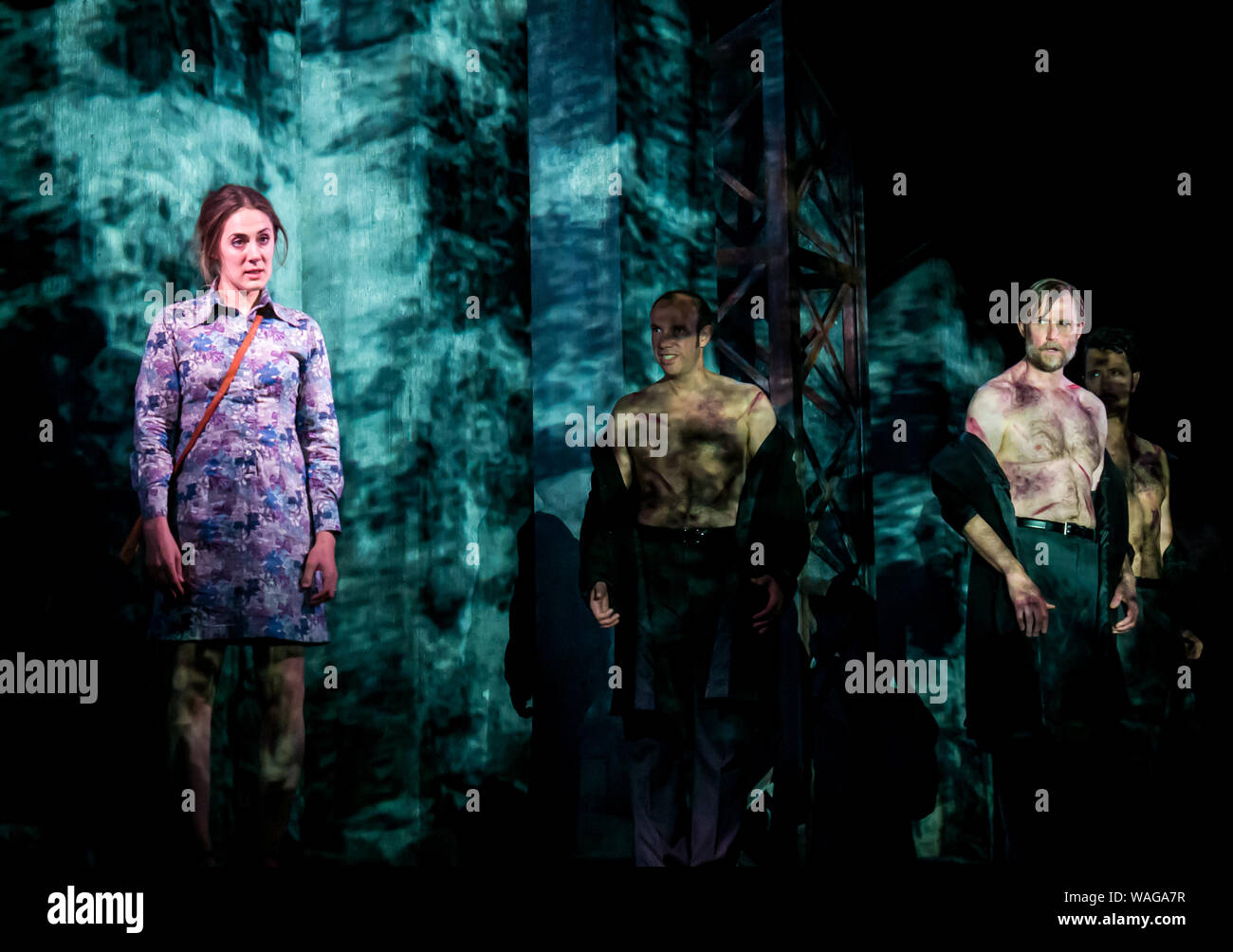 Edinburgh, Schottland, Großbritannien, 20. August 2019. Edinburgh International Festival. "Das Brechen der Wellen', der Europäischen Uraufführung einer Oper von uns Komponist Missy Mazzoli und Royce Vavrek von Lars von Triers umstrittenen Film des Königs, die im Theater angepasst. Leiter ist Stuart Stratford und Direktor ist Tom Morris. Sydney Mancasola als Bess McNeill, eine Zusammenarbeit zwischen Scottish Opera, Houston Grand Opera und anderen Opern Ventures Stockfoto