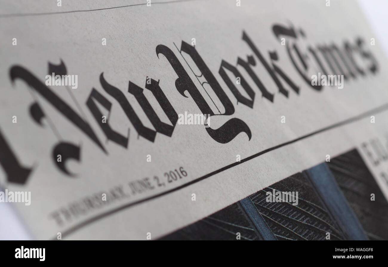 NEW YORK, USA - ca. August 2019: New York Times Zeitung header anmelden Stockfoto