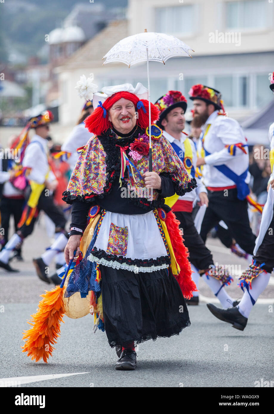 Ein Narr mit Morris Volkstänzer am Sidmouth Folk Woche Festival 2019 Stockfoto