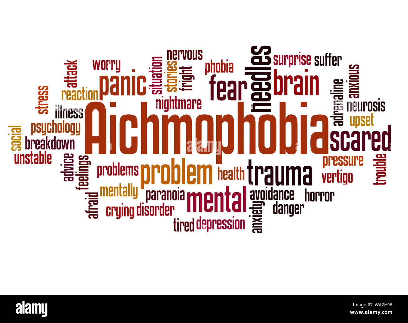 Aichmophobia Angst vor Nadeln oder spitzen Gegenständen Wort cloud Konzept auf weißem Hintergrund. Stockfoto