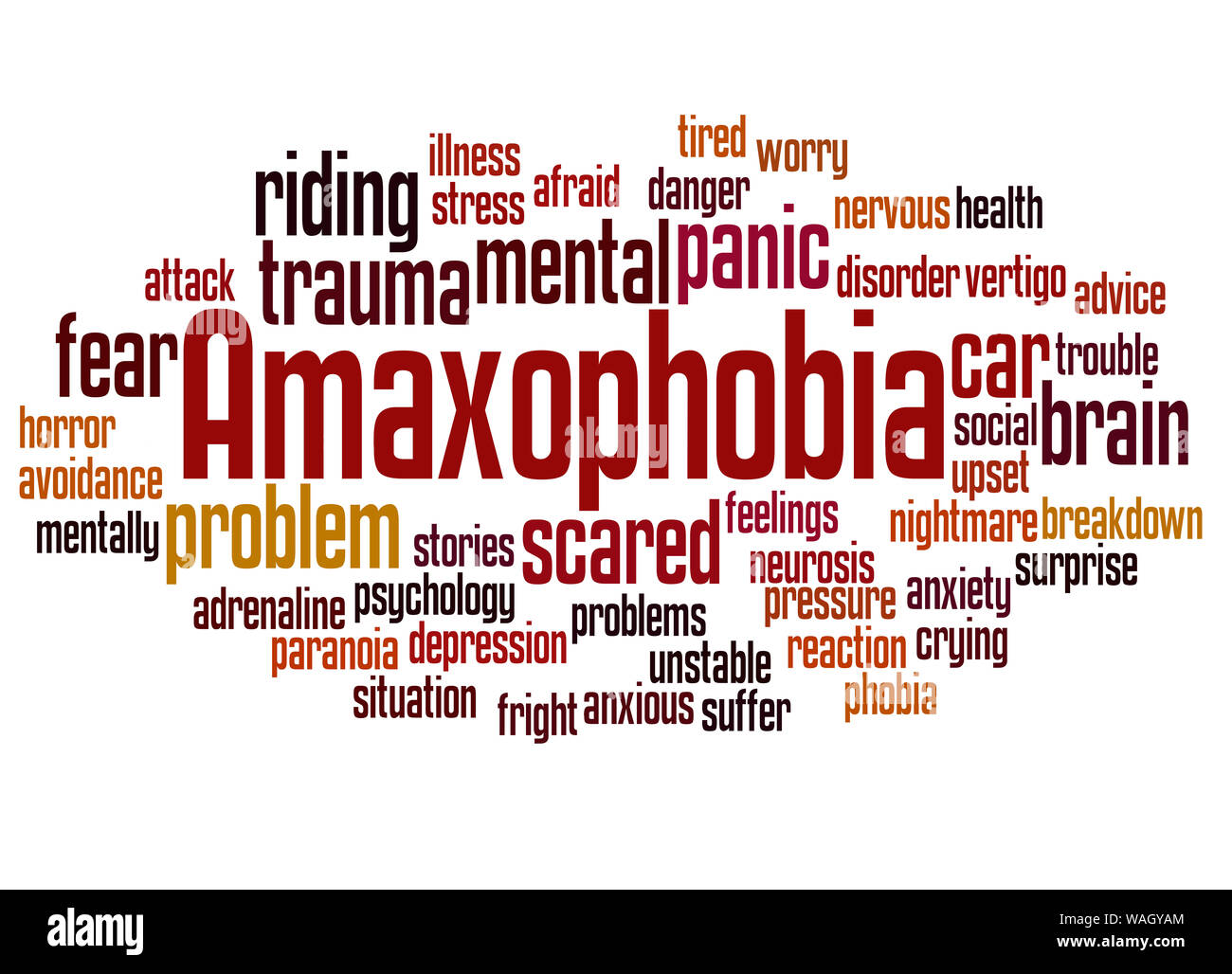 Amaxophobia Angst vor dem Reiten in einem Auto word cloud Konzept auf weißem Hintergrund. Stockfoto