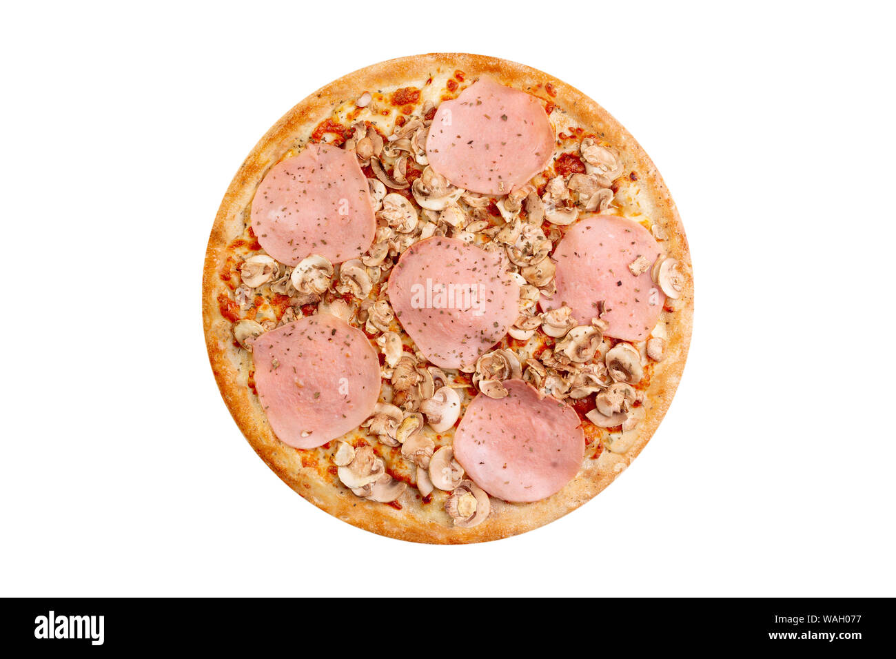 Pizza isoliert auf weißem Hintergrund. heißen Fast Food mit Käse, Schinken und Pilzen. Essen Bild für das Menü Karte, Web Design, Website, shop oder Lieferung. Hohe qu Stockfoto