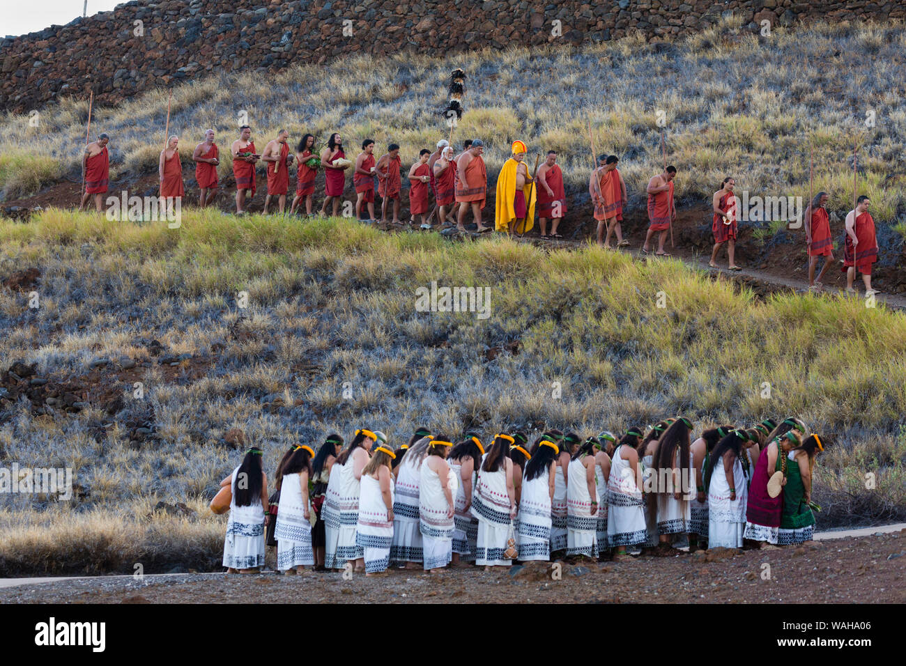 Royal Court und Monarch verlassen Heiau auf Pu'ukohala NP auf Hawaii Insel für kulturelle Veranstaltung in der Morgendämmerung. Stockfoto