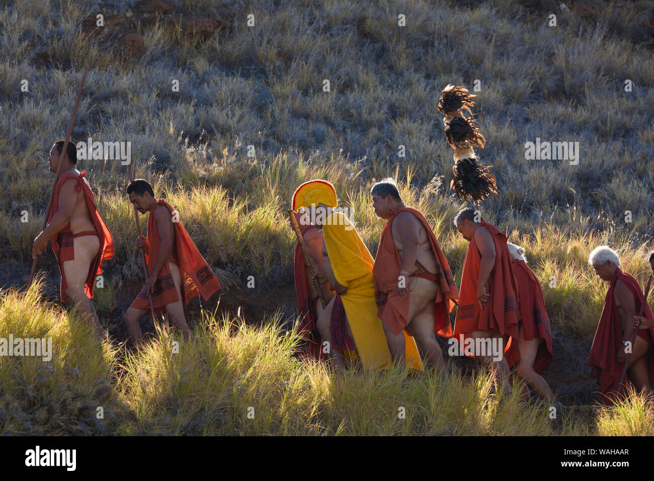 Royal Court und Monarch verlassen kulturellen Zeremonie und Rückgabe bei Pu'ukohala NP auf Hawaii Insel zu Heiau. Stockfoto