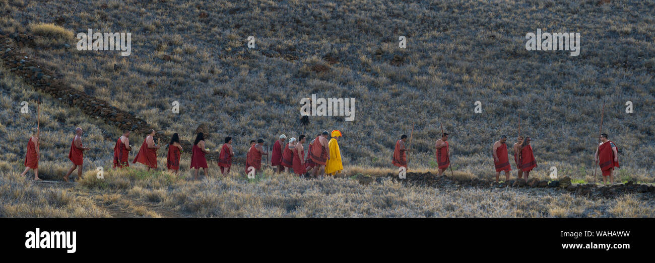 Panorama des Königlichen Hofes Eingabe für kulturelle Tag Feier in Pu'ukohala Heiau NP auf Hawaii Insel Stockfoto