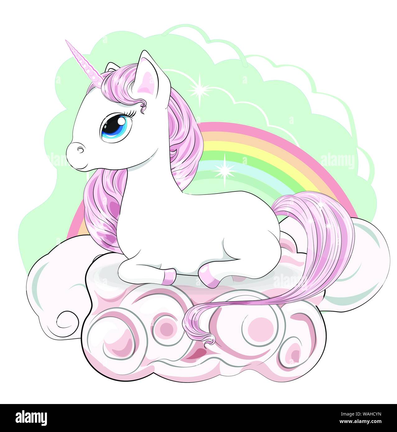 Magic White unicorn mit einem rosa Mähne und einen Schwanz, und blaue Augen, Lügen, in rosa Wolken. Können für den t-shirt Druck verwendet werden, Kinder tragen Fashion design, Baby s Stock Vektor