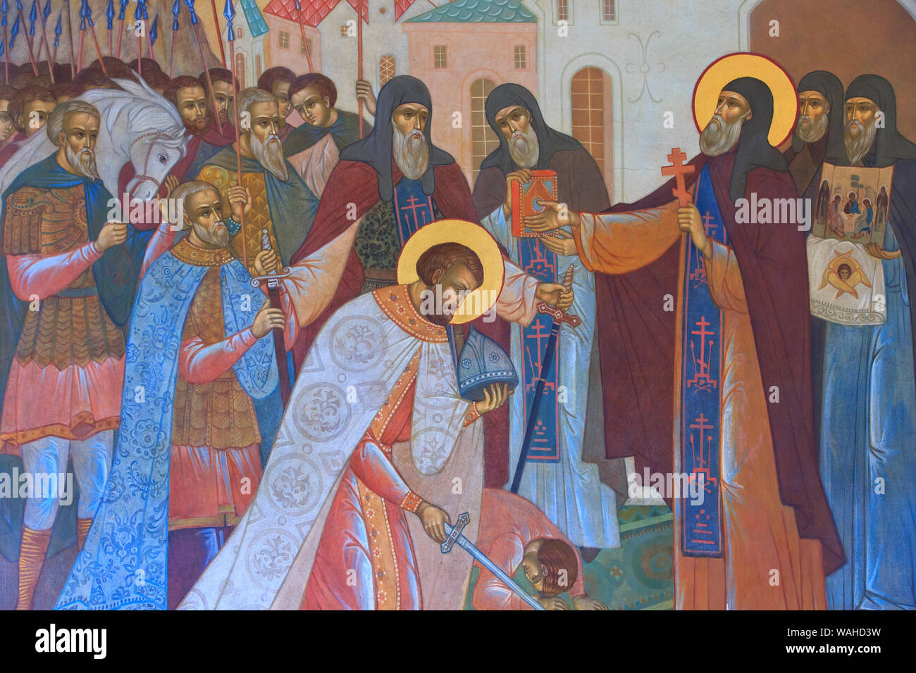 Fresko des Heiligen Sergius von radonezh empfangen Segen an den Wänden der Dreifaltigkeit Lavra des Heiligen Sergius in Sergiev Posad, Russland Stockfoto