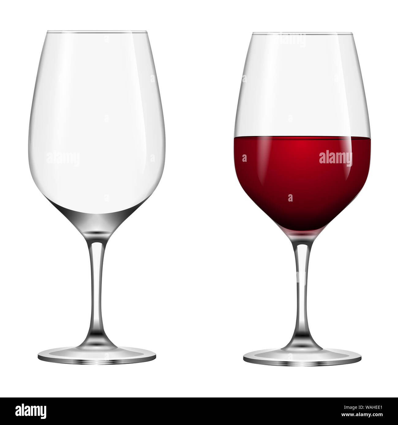 Volle und leere Rotwein Gläser Stockfoto