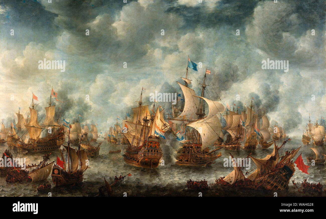 Schlacht von Scheveningen - Seeschlacht bei Ter Heijde am 10. August 1653, während des ersten Anglo-Niederländischen Krieges. In der Mitte ist die Brederode, das niederländische Flaggschiff von Maarten Tromp im Kampf mit dem englischen Flaggschiff Resolution unter dem Kommando von Admiral Monk. Jan Abrahamsz Beerstraaten, um 1654 Stockfoto