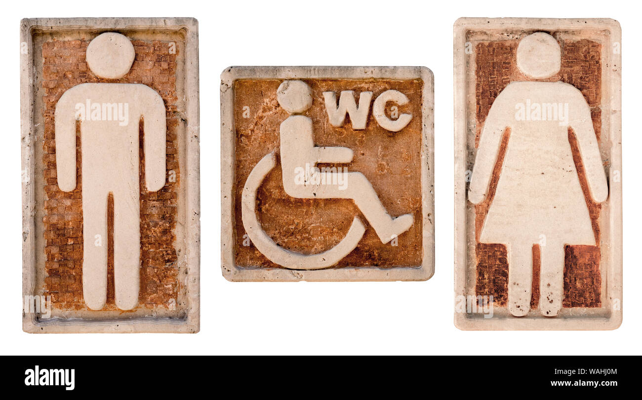 Öffentliche wc Eingang. Toiletten Schilder in der Öffentlichkeit. Weibliche und männliche Restroom unterzeichnen. Zeichen der WC für Behinderte. Die Männer und Frauen WC-Raum. Abschneiden Stockfoto