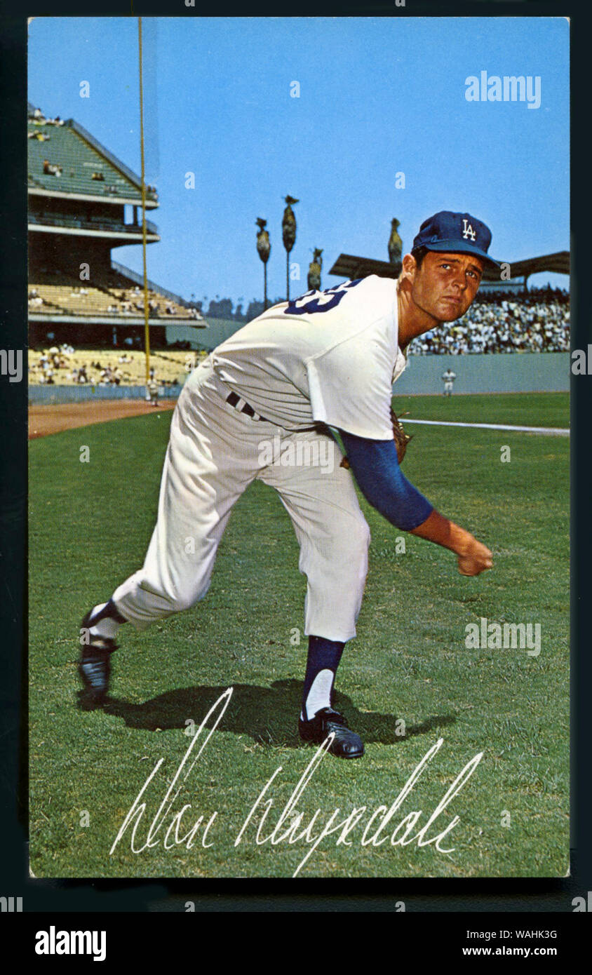 Don Drysdale in Vintage souvenir Postkarte mit Los Angeles Dodgers um 1960 s Stockfoto