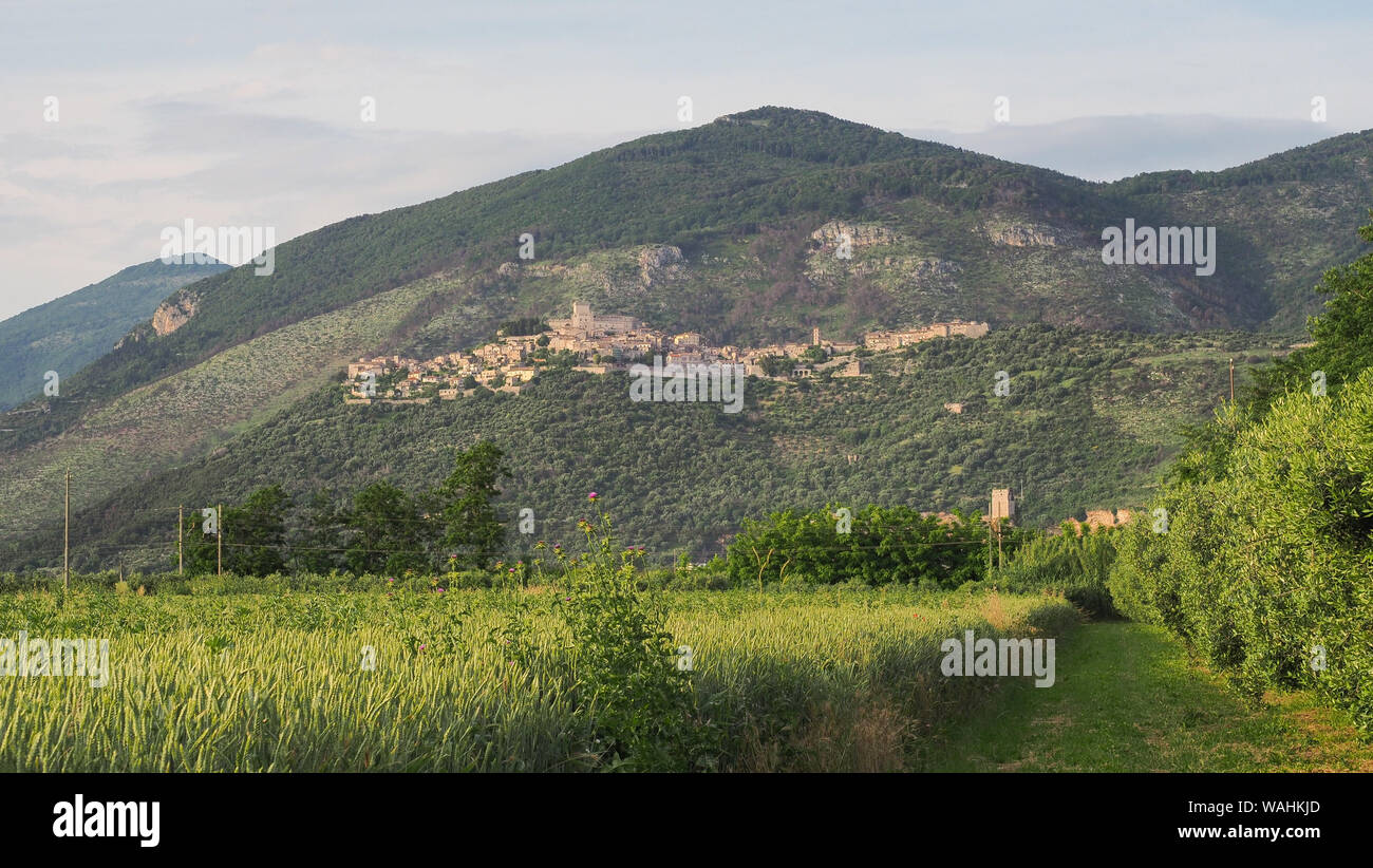 Sonnenuntergang in Italien. Landwirtschaft und alten Stadt Sermoneta, an den Ausläufern der monti Lepini oder Lepini Berge, im Hintergrund sichtbar. Stockfoto