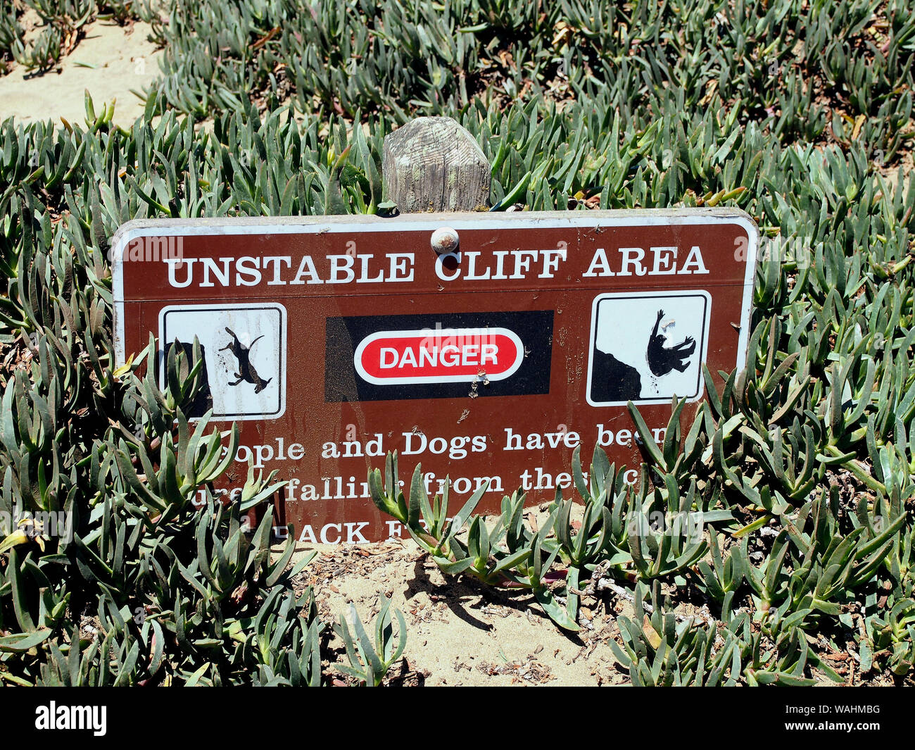 Instabile cliff Bereich Warnschild am Fort Funston, in Golden Gate National reacreation Bereich, San Francisco, Kalifornien Stockfoto