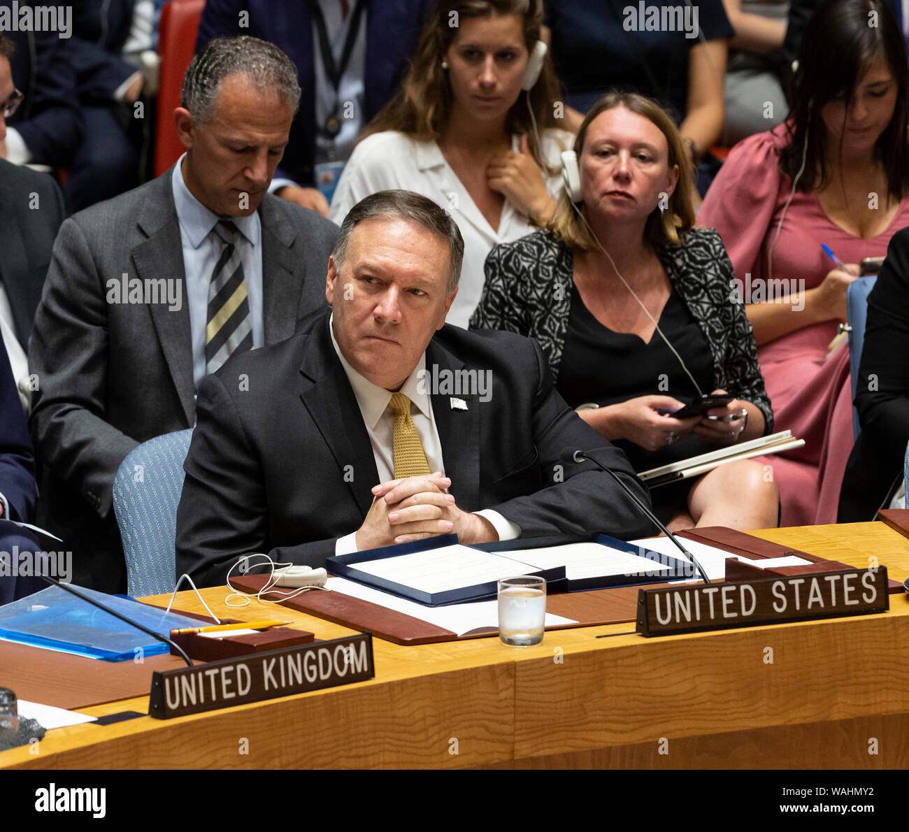 New York, NY - August 20, 2019: Staatssekretär der USA Michael Richard Pompeo nimmt an Tagung des Sicherheitsrates über die Herausforderungen für Frieden und Sicherheit im Nahen und Mittleren Osten an UN-Hauptquartier Stockfoto