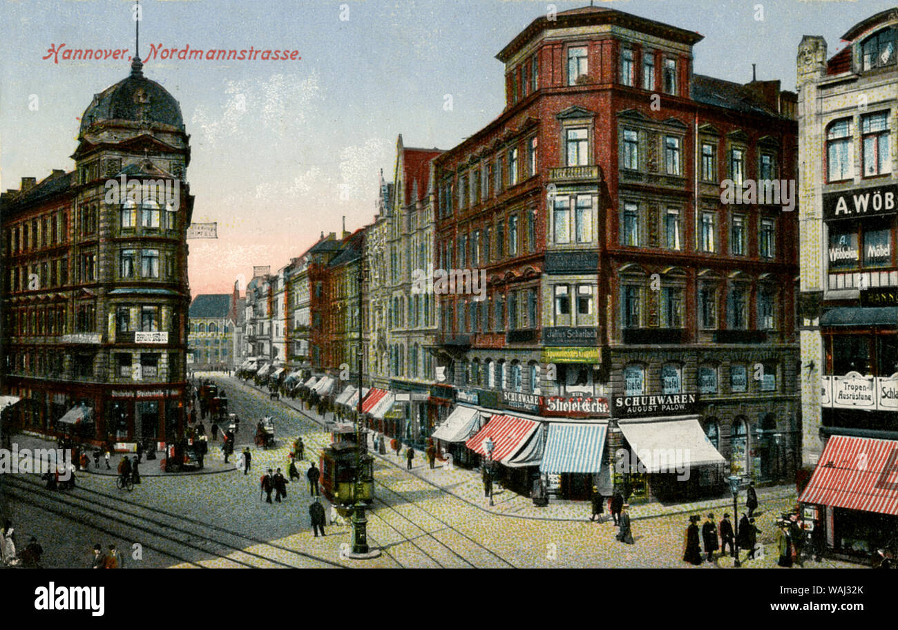Hannover: Nordmannstraße, Blick auf die Straße mit Geschäften, (Postkarte) Stockfoto