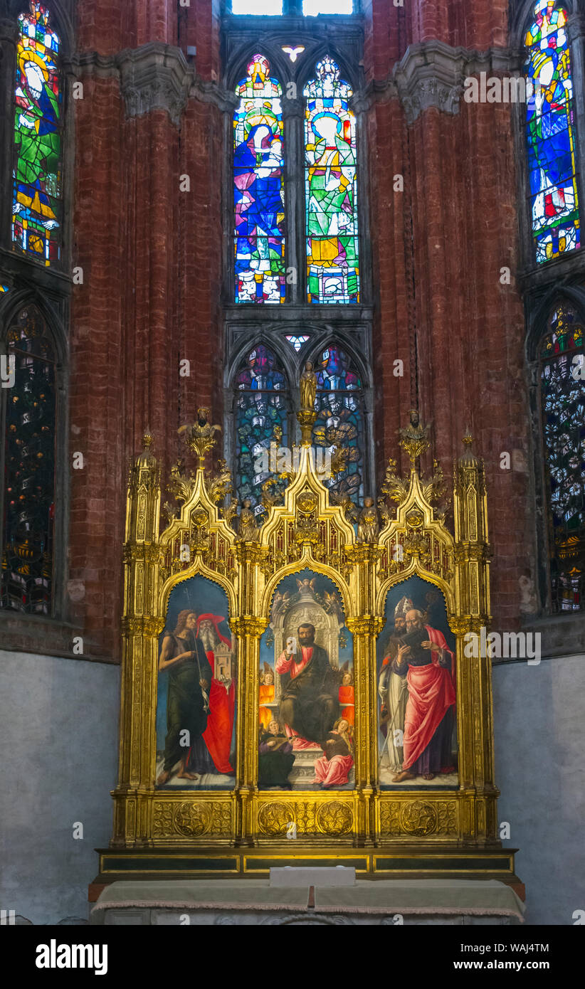 Triptychon von Bartolomeo Vivarini, Segen von St. Mark thront, in der Cappella Ecke, Kirche Santa Maria Gloriosa dei Frari, Venedig, Italien Stockfoto
