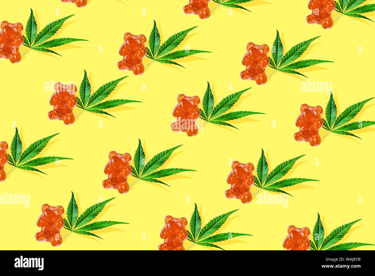 Trend Sonnenlicht CBD Muster mit grünen Blättern Cannabis und Gummies auf hellblauem Hintergrund. Minimale CBD ÖL Konzept Stockfoto