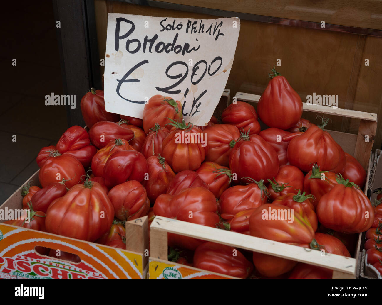 Italien, Piemont, Alba, reife Tomaten in einem Markt im Freien Stockfoto