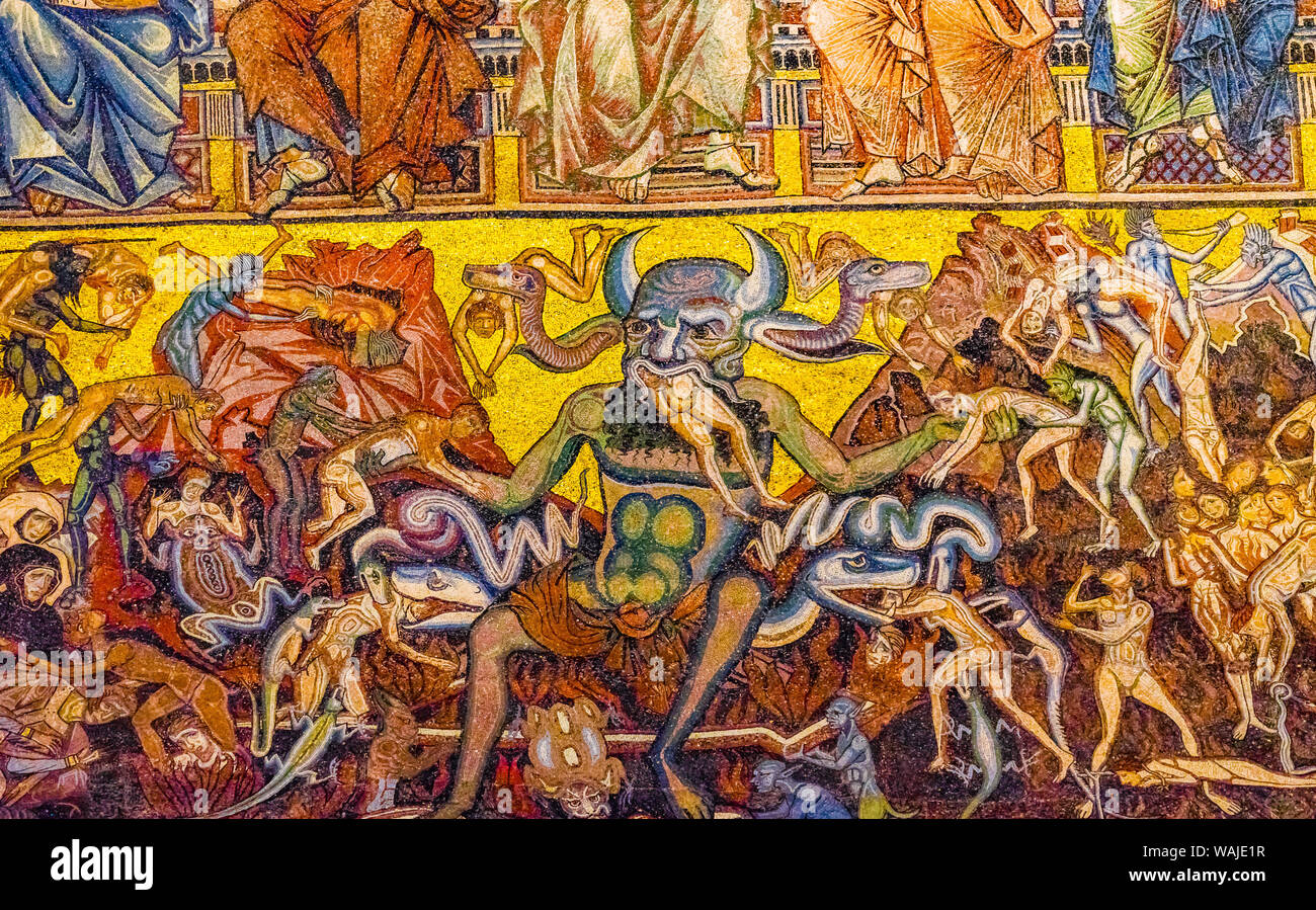 Satan verschlingende bösen Sünder, Florenz Baptisterium, Florenz, Italien. Baptisterium erstellt 1050 bis 1150, Mosaiken, die von Pater Jacobus in 1200. Stockfoto
