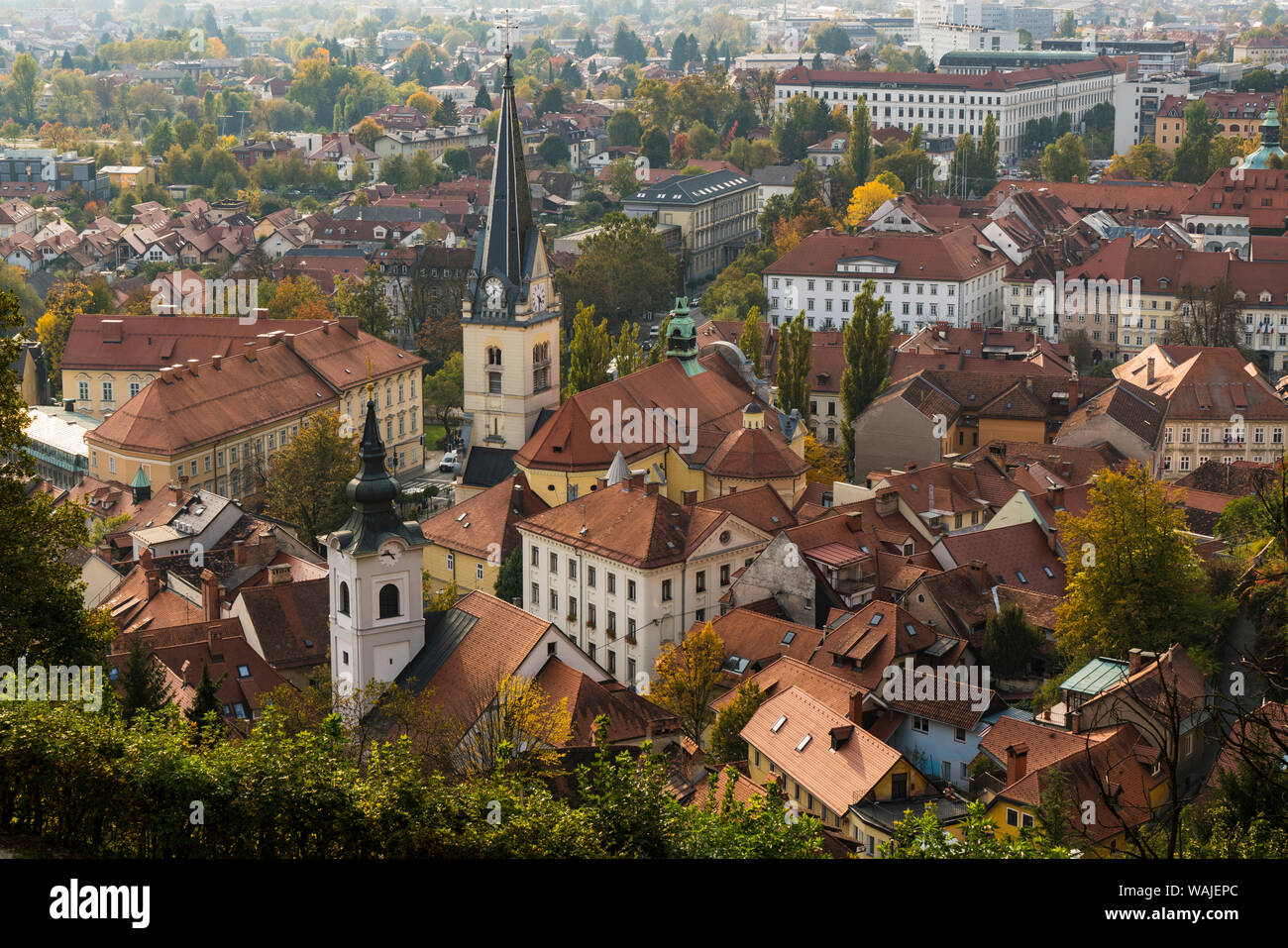 Slowenien, Ljubljana. Am späten Nachmittag Licht im Herzen der Altstadt, gesehen von oben auf dem Burgberg. Stockfoto