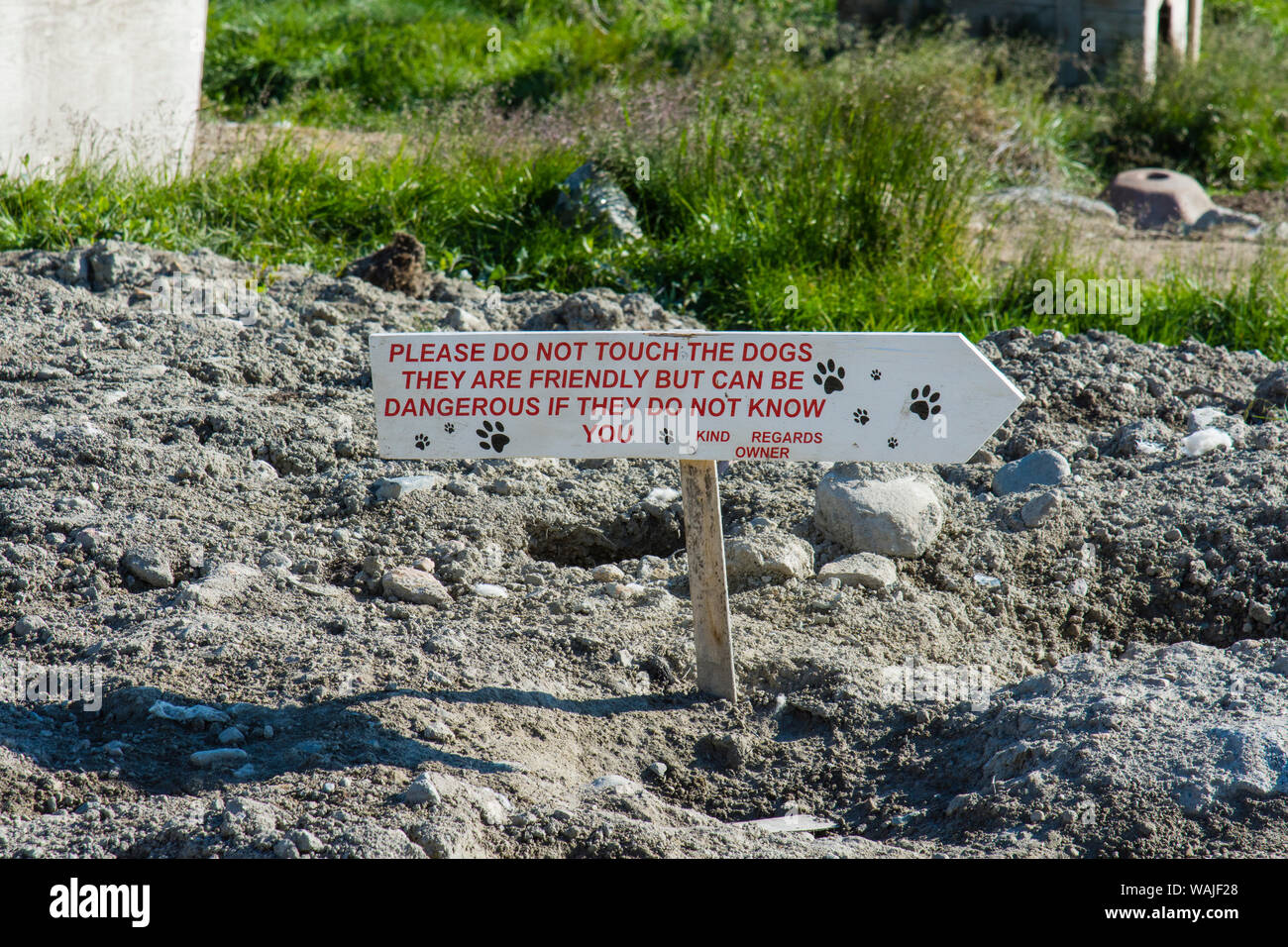 Grönland. Ilulissat. Anmelden Warnung nicht auf Pet die Schlittenhunde. Stockfoto