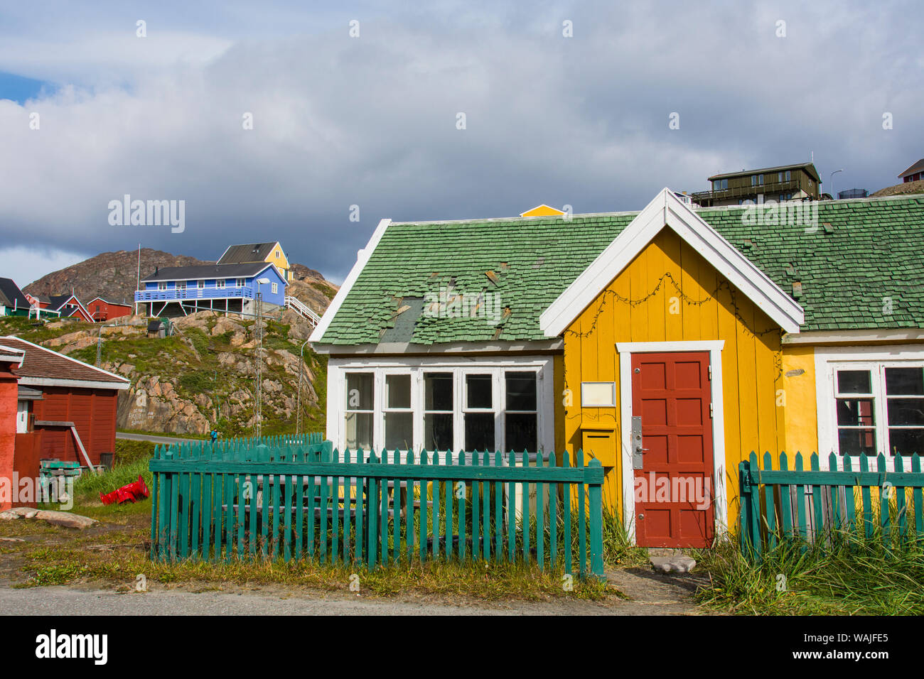 Grönland. Sisimiut. Farbenfrohe Gebäude im historischen Museum. Stockfoto
