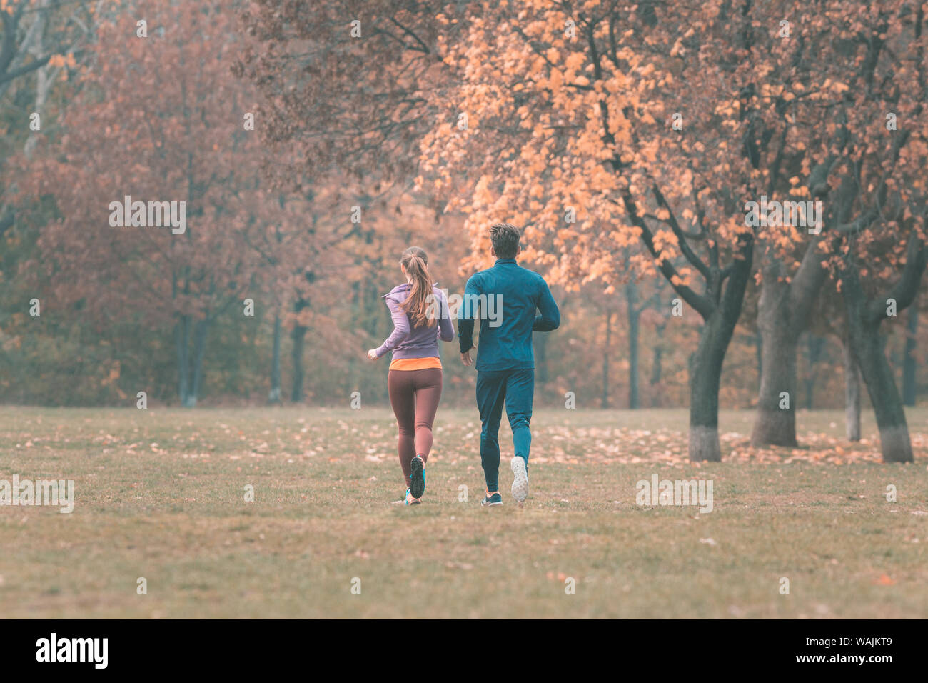 Fallen in einem Park laufen, hinter Paar gesehen Stockfoto