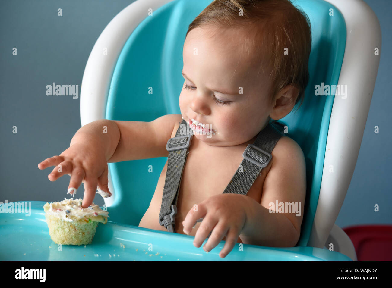1 Jahre alten Jungen essen Geburtstag Cupcake (MR) Stockfoto