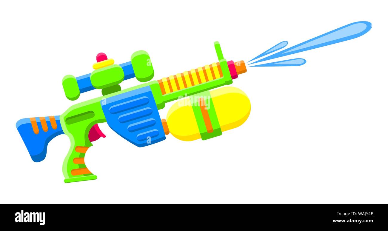 Wasser Gewehr schießen. Leuchtend bunte Spielzeug der Kinder. Isoliertes Objekt. Flache Vector Illustration auf weißem Hintergrund. Stock Vektor