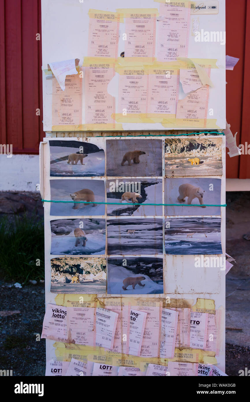 Grönland, Ilulissat. Lotterielose und Bilder von Eisbären auf der Seite von einem Kühlschrank geklebt. Stockfoto