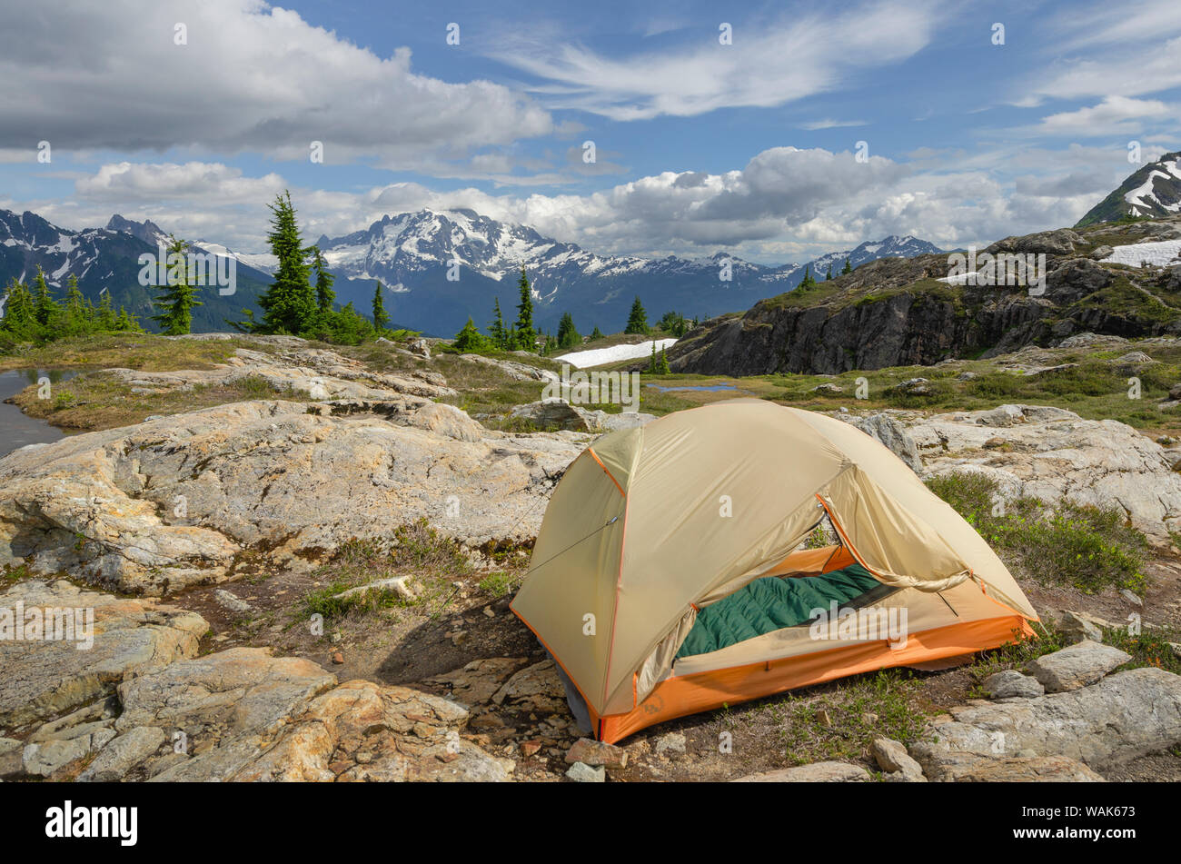 Zelt im backcountry Campingplatz. Gelbe Aster Butte Becken, Mount Baker Wildnis. Mount Shuksan ist in der Ferne. North Cascades, Washington State Stockfoto