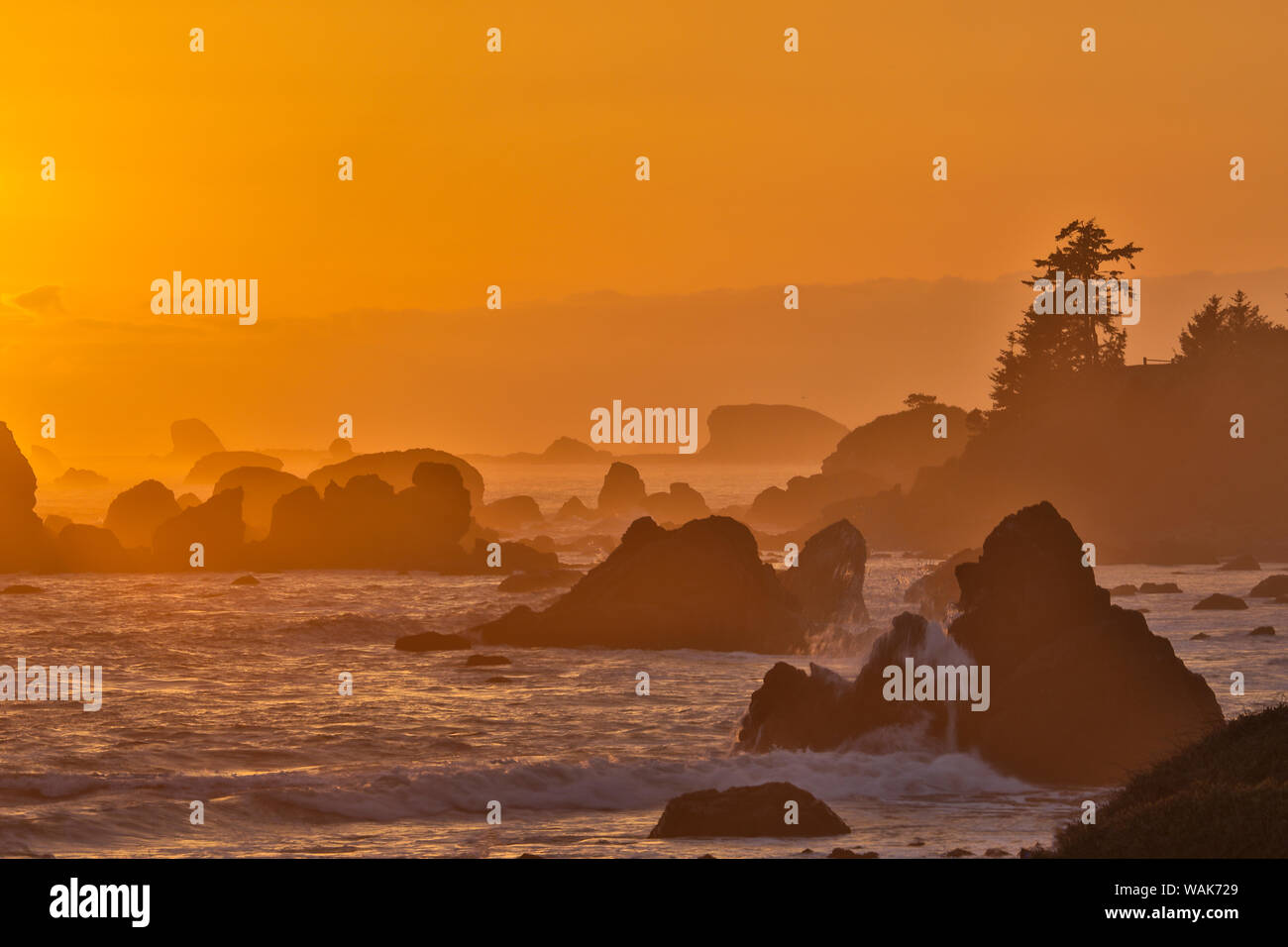 Sonnenuntergang und das Meer Stapel entlang der nördlichen Kalifornischen Küste, Crescent City Stockfoto