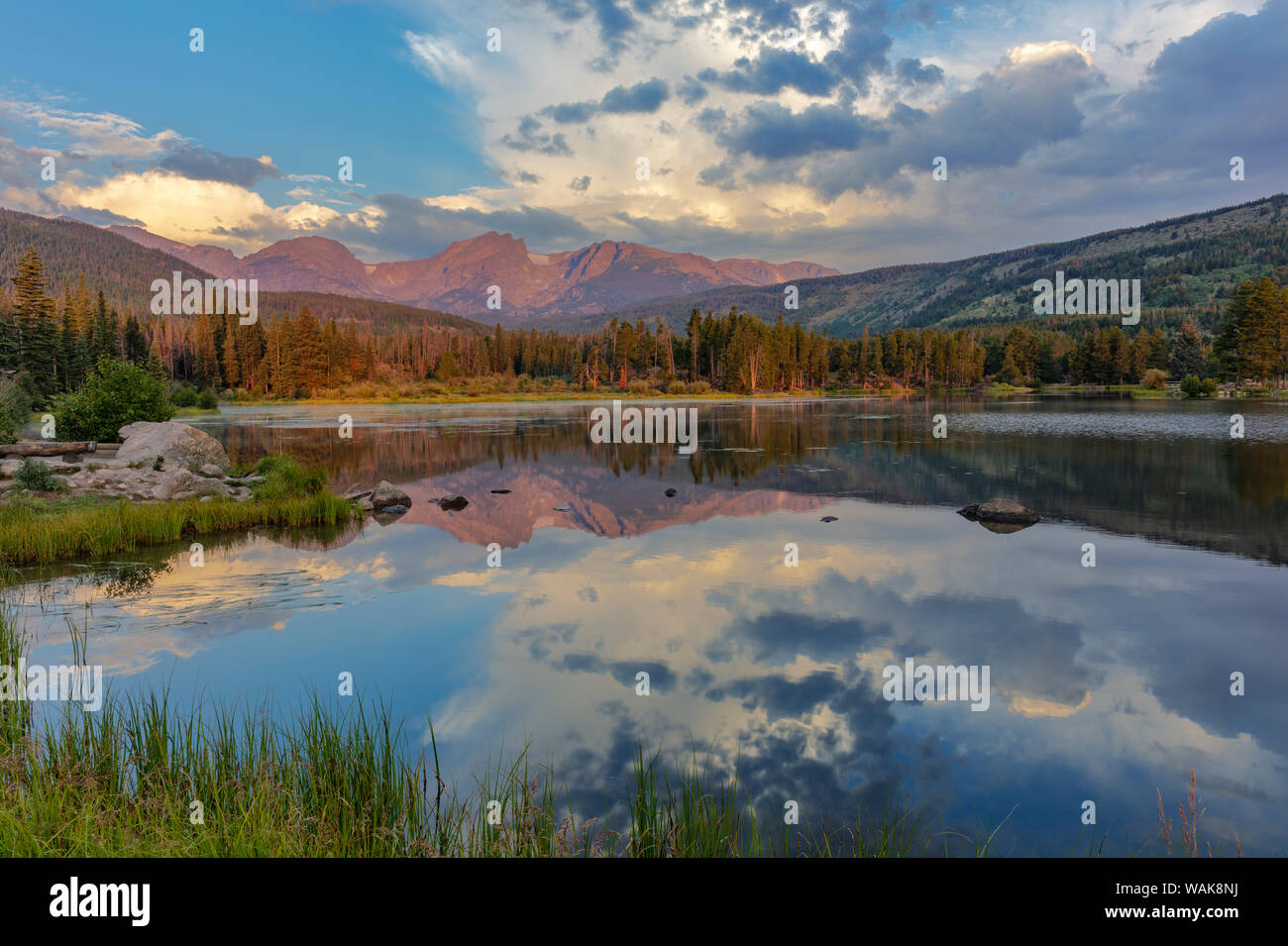 Sunrise Licht auf Hallett Peak und Flattop Mountain oben Sprague See im Rocky Mountain National Park, Colorado, USA Stockfoto