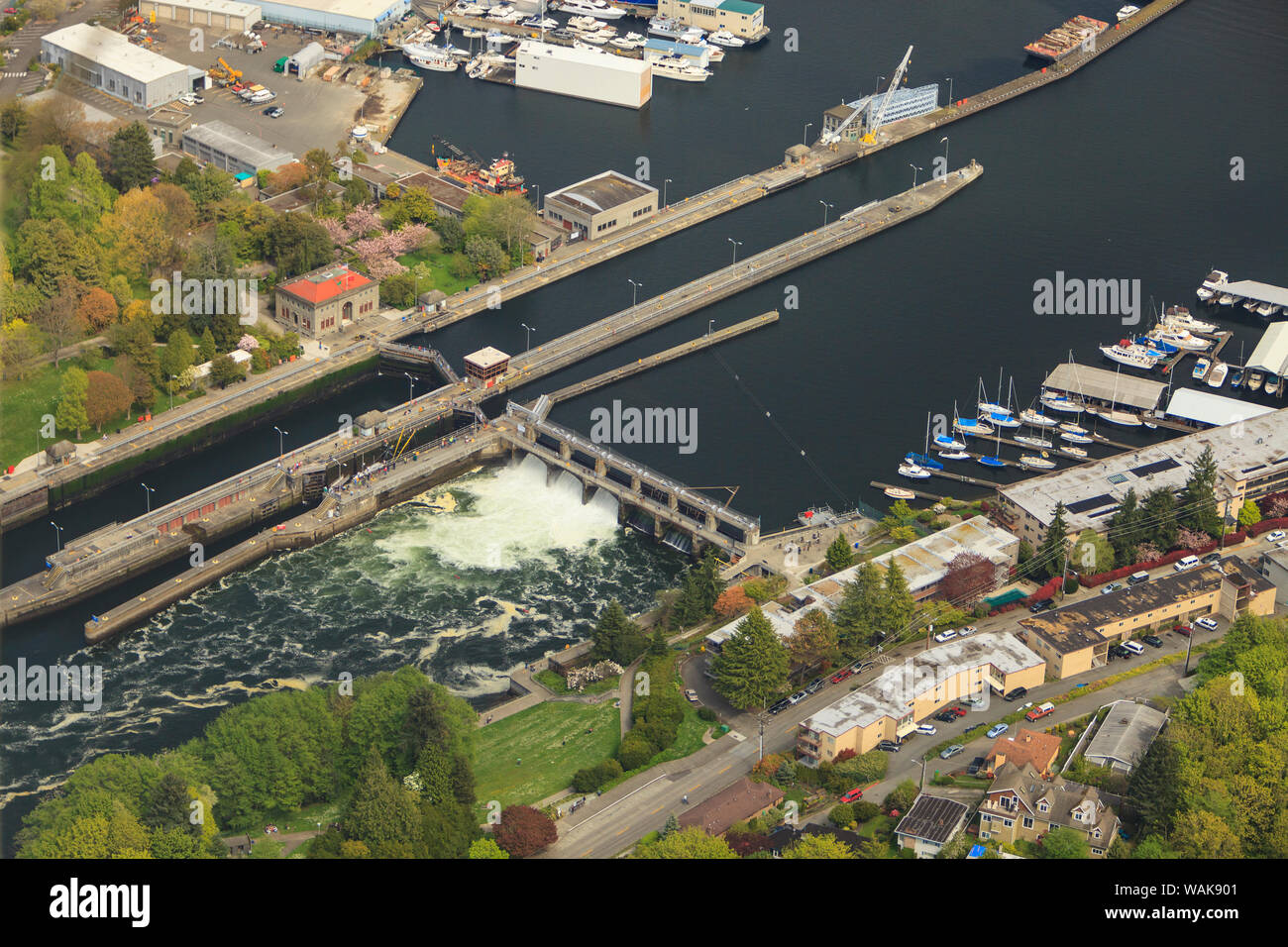 Luftaufnahme von Hiram M Chittenden Schlösser, Seattle, Washington State, USA Stockfoto