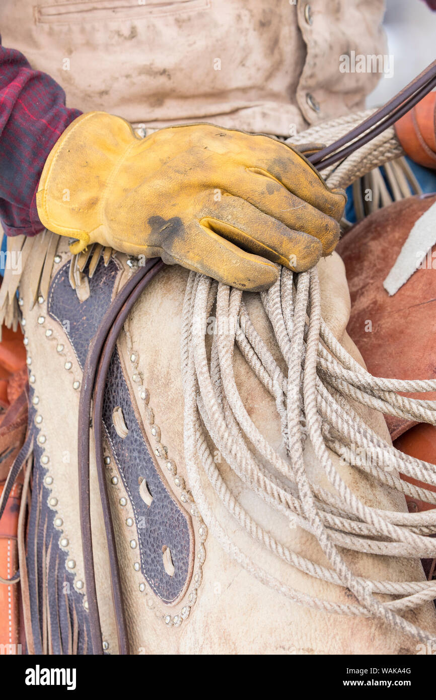 Reiten und Fahren im Winter auf Versteck Ranch, Shell, Wyoming. Cowboy Detail am Sattel. Stockfoto
