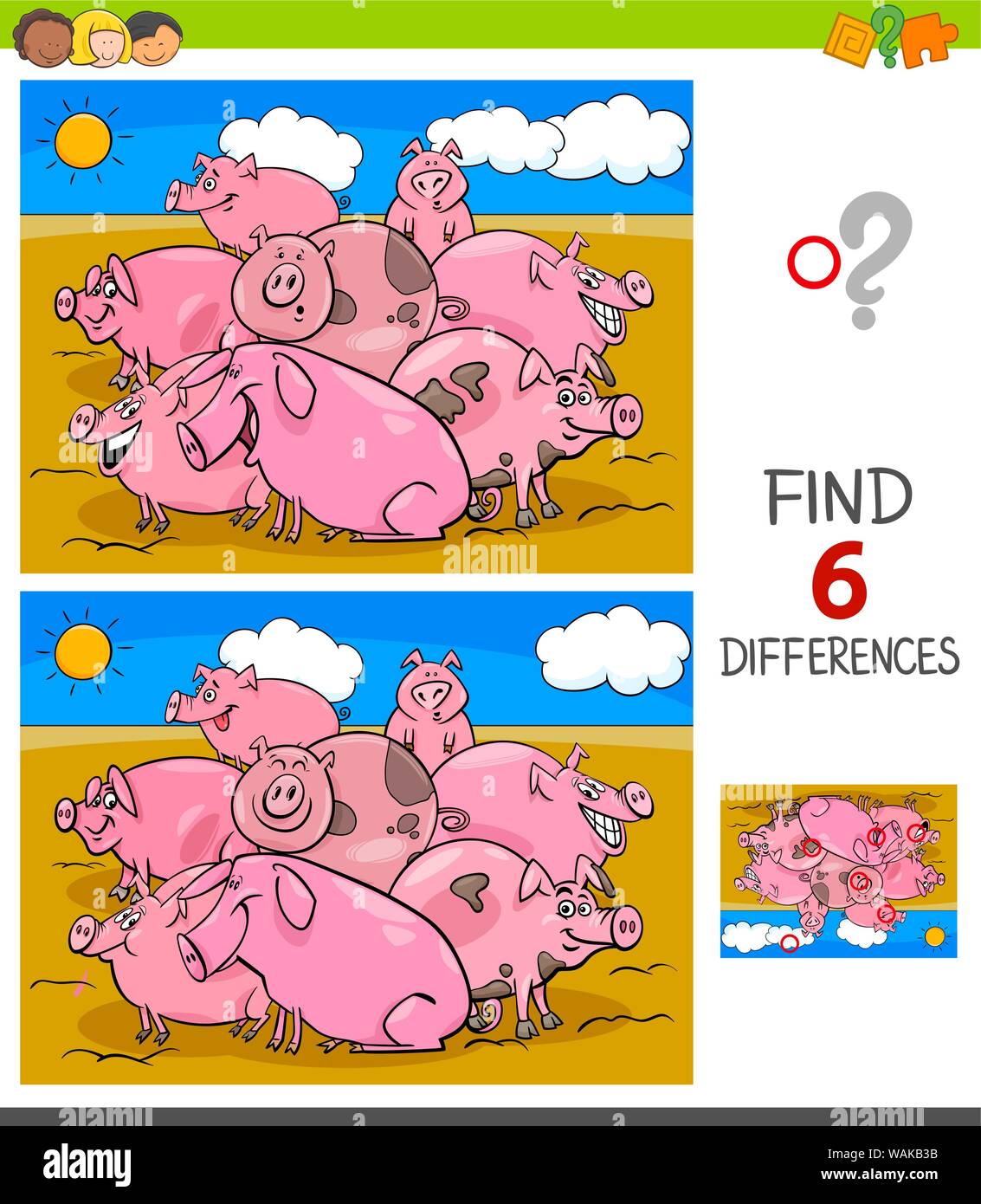 Cartoon Illustration des Findens von sechs Unterschiede zwischen den Bildern Lernspiel für Kinder mit Schweine Tier Zeichen Stock Vektor